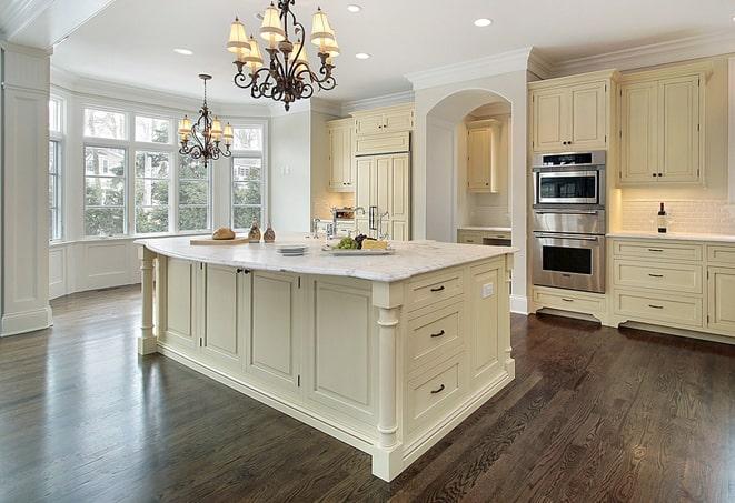 newly installed grey laminate flooring in modern kitchen in Michigan City